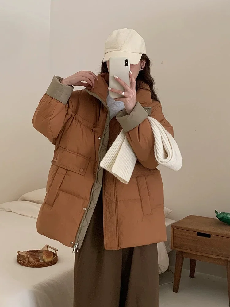 

Women's Puffer Jacket Winter Coat Female Windproof Thickened Warm Parker Color Clash Trendy High Street Women's Down Jacket