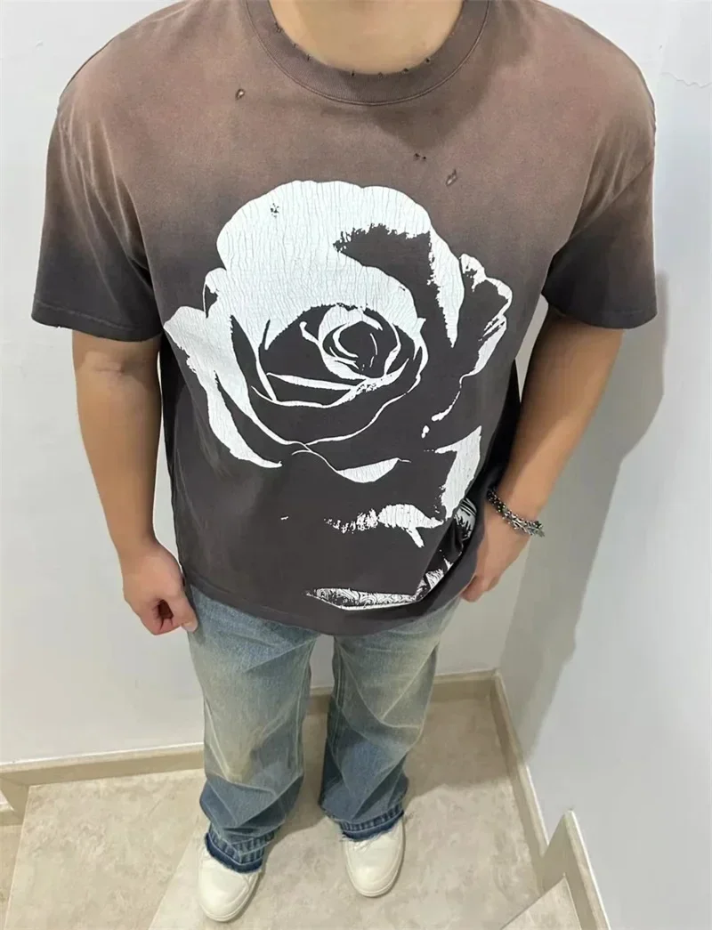 24ss Saint Michael Black Washed Oversized T Shirt Men Women Best Quality Rose Cracking Print T Shirts