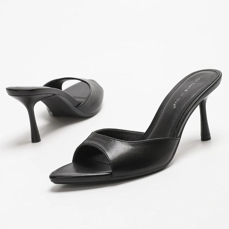 Fashion Concise Women Heels Slippers Pointed Toe Elegant Sandals Ladies Light Casual Slides Summer Black Mules Shoes Pantuflas