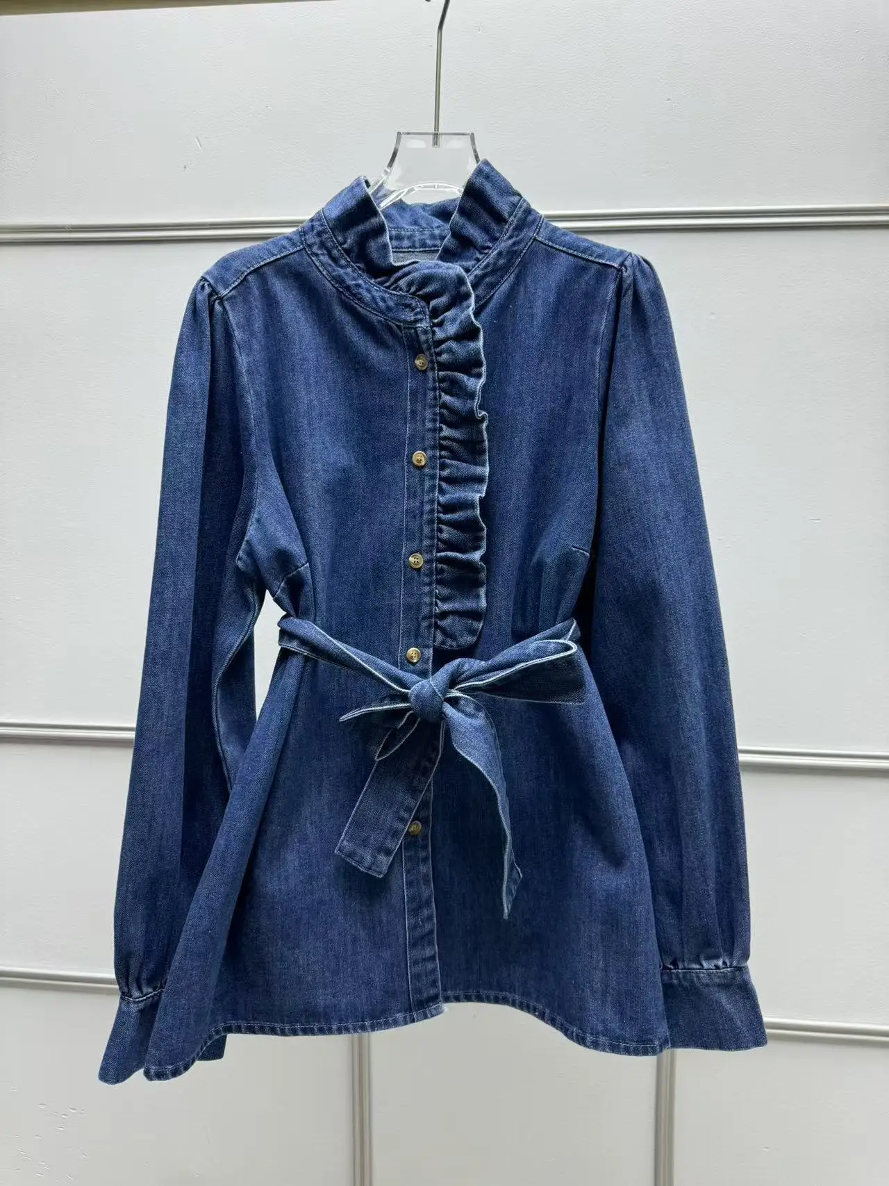 

Retro Sle Women's Denim Jaet with Waist Cinching And Bow Tie Stand Collar Long Sve Mid-Length Cotton Spring Autumn