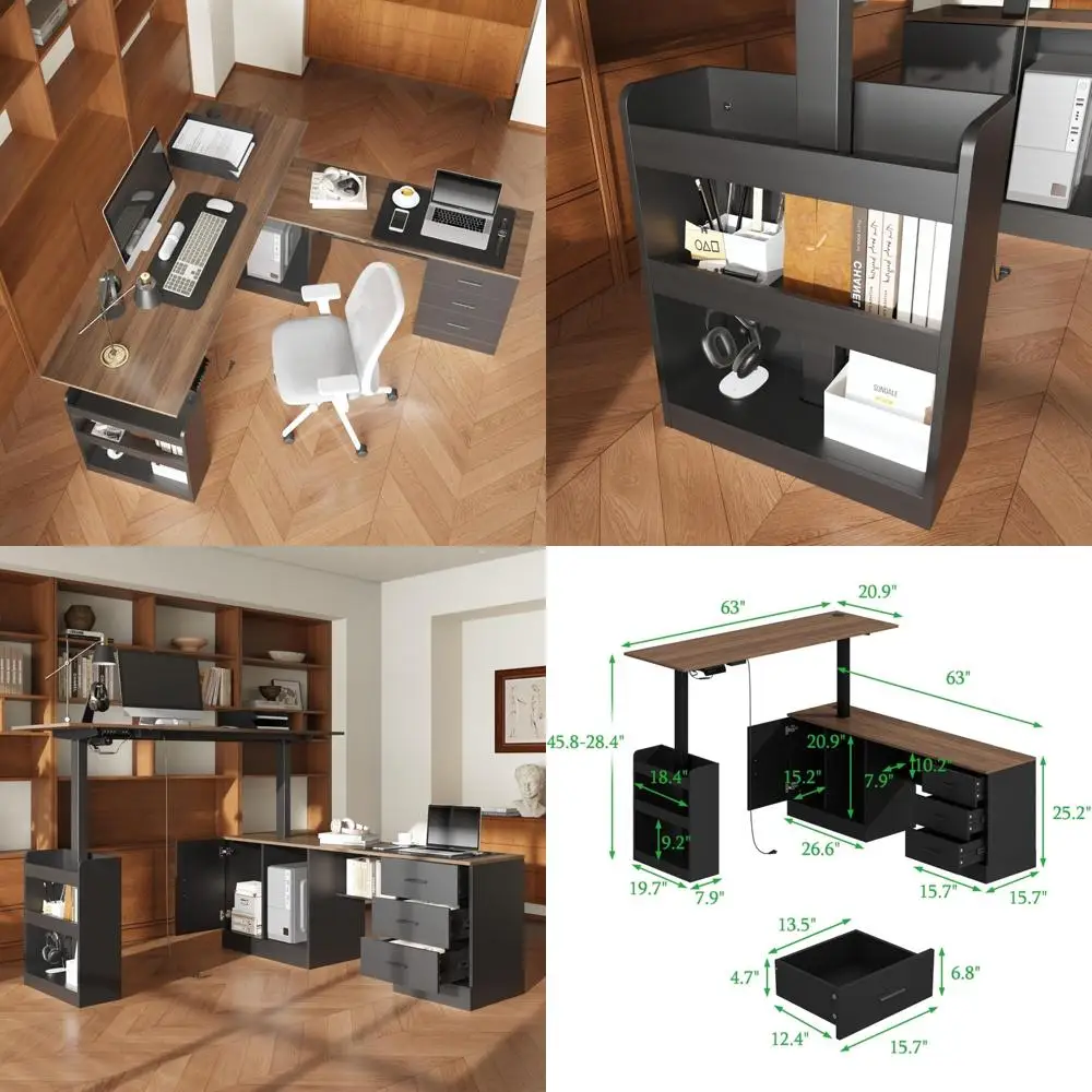 

L-образный электрический стол с выдвижными ящиками и полками, регулируемая высота 63 дюйма, офисный стол для руководителей