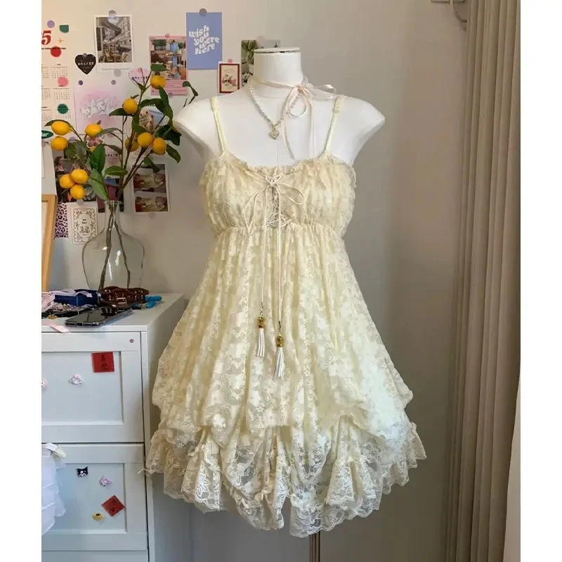 الصيف النمط الياباني Kawaii لوليتا فستان المرأة خمر الحلو مقوس دانتيل الكشكشة كعكة فساتين Harajuku Y2k سليم ضمادة فستان