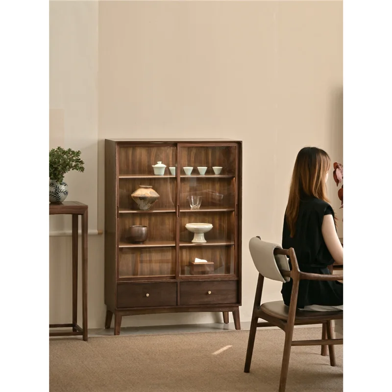 

New solid wood bookcase integrated whole wall locker with cabinet door living room display cabinet black walnut multi-layer ches