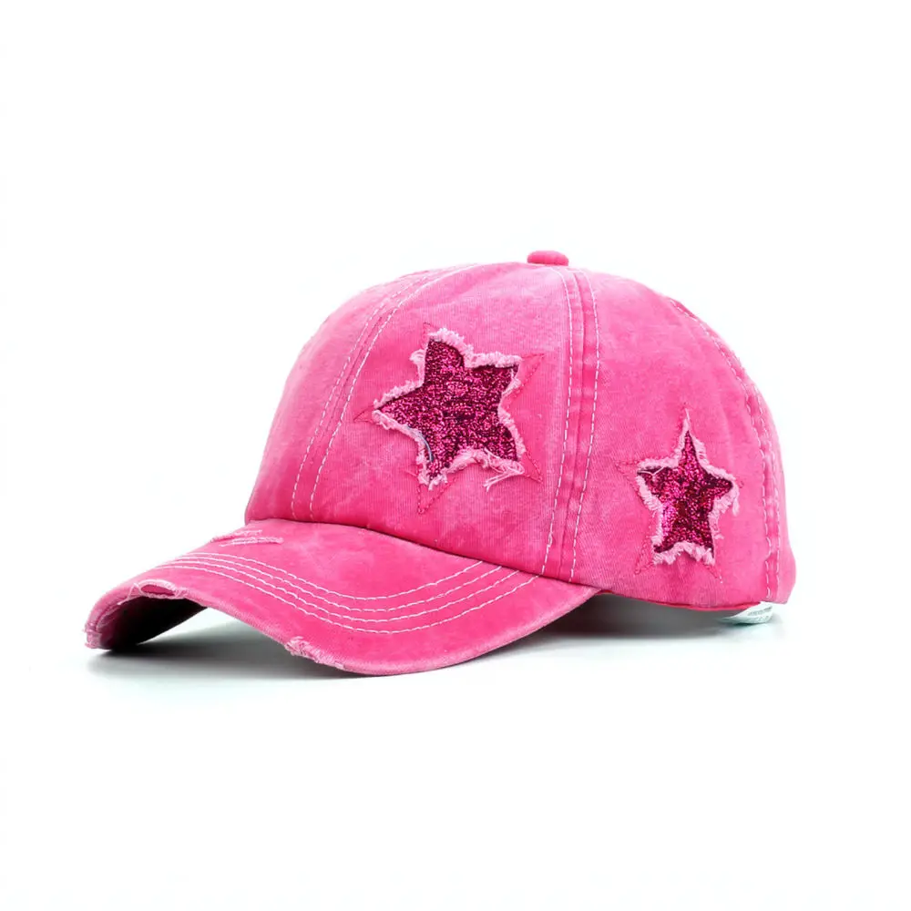 Distressed Cotton Ponytail Baseball Cap Sequined Star Vintage Adjustable Outdoor Sport Sun Protection Hat view 3