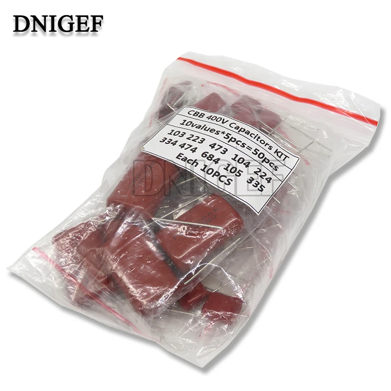 50PCS/Set 10Values*5pcs Metallized Polyester Film Capacitors CBB Assortment Kit  400V  10nF ~ 3.3UF