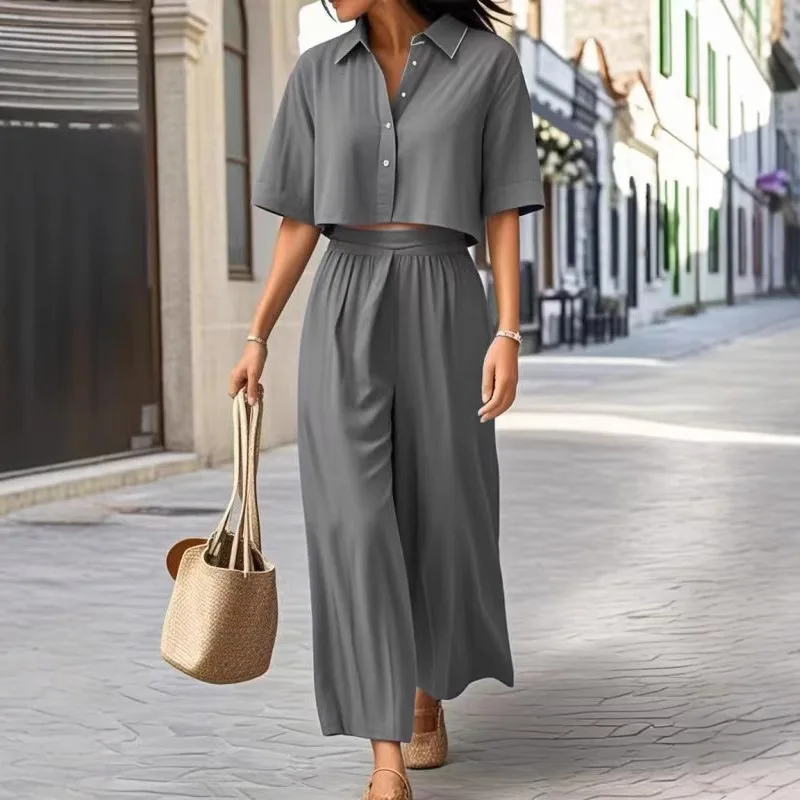 

2025 Summer Womens New Casual And Fashionable Loose Women's Outing Versatile Style Short Shirt And Wide-leg Pants Two-piece Suit