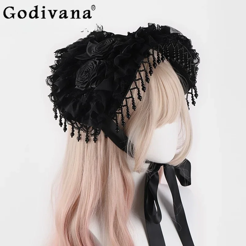 

Gothic Japanese Original Lolita Handmade Headgear Dark Loli Girl Black Pearl Fringed Lace Rose Halloween Hat