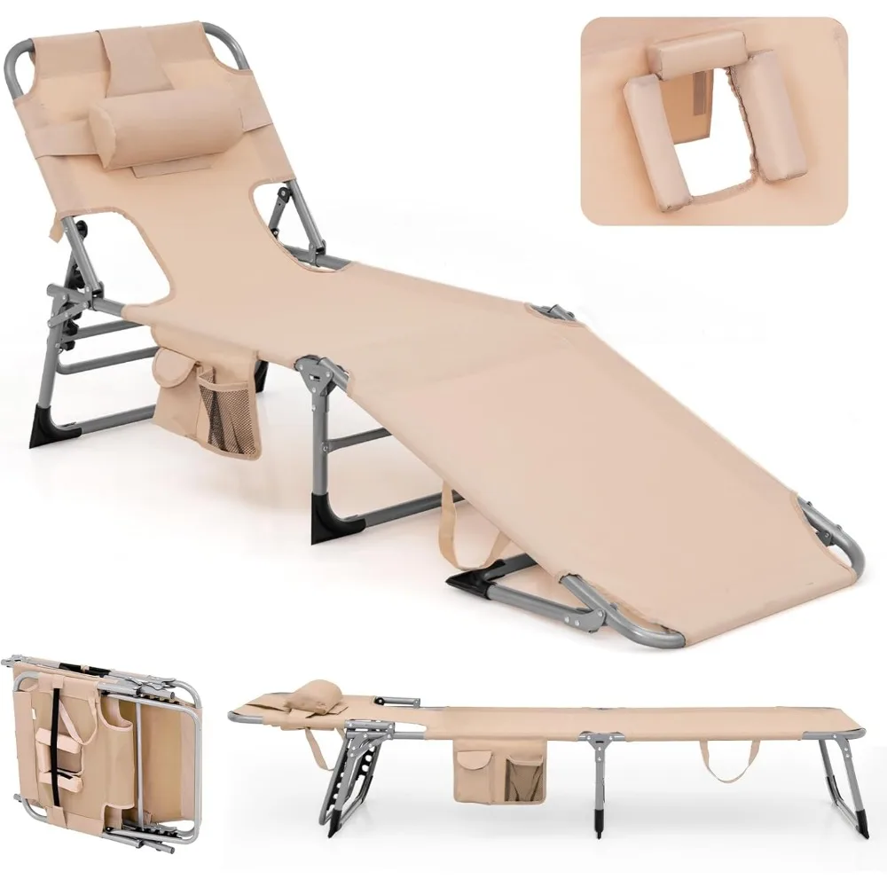 

Beach Chair Chaise Lounge with Face Arm Hole, Detachable Pillow, Adjustable Backrest, Side Pocket, Carry Handle, Outdoor