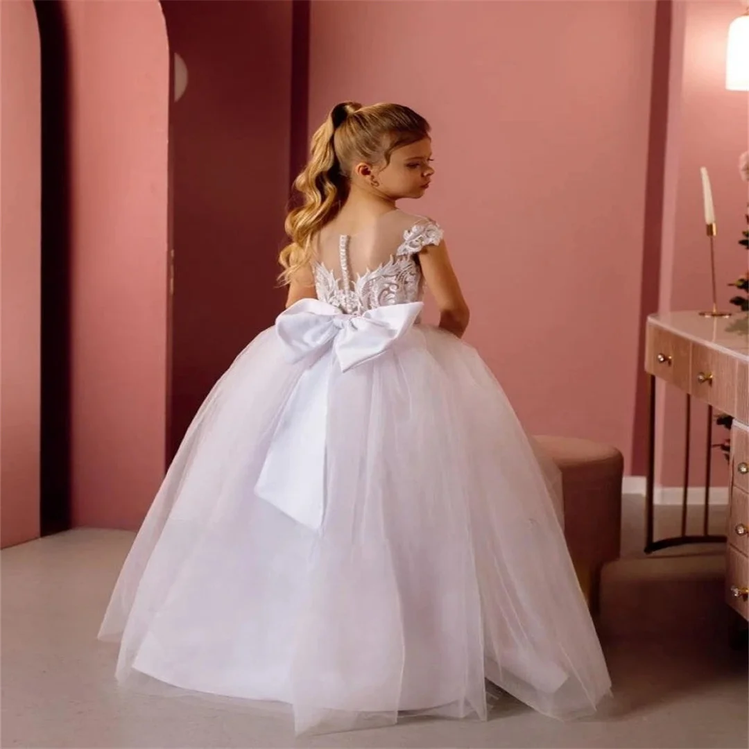 レースフラワーガールドレス 結婚式用 聖体拝領ドレス チュールロングガールドレス リボン付き ジュニアブライズメイド ベビープリンセスドレス