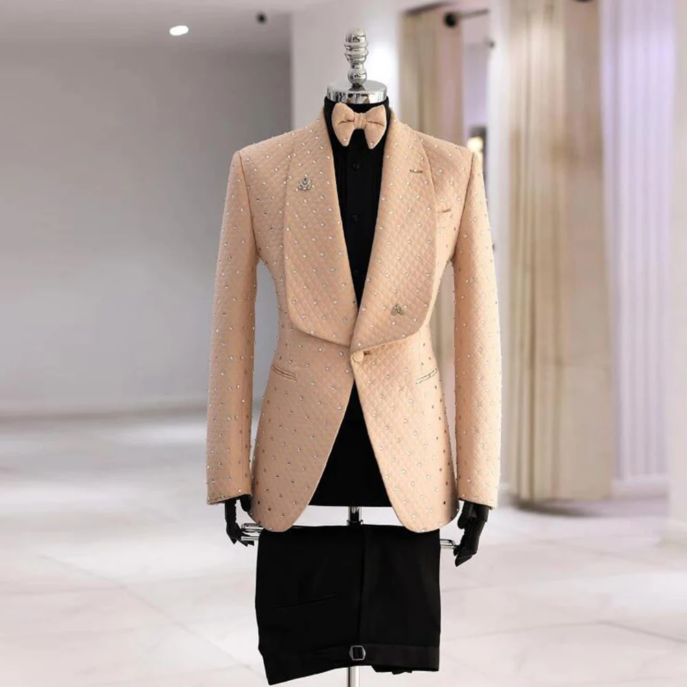 Luxury Men Suits Sliver Beaded Prom Blazer Tailor-made Man Formal Party Wedding Tuxedo Shawl Lapel Jacket Pants 2 Pieces Clothes