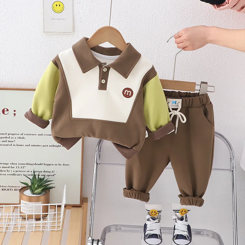 

2PCS Baby Boy Clothes Set 2024 Spring Casual Patchwork Letter Turn-down Collar T-shirts and Pants Childrens Suit Kids Outfits