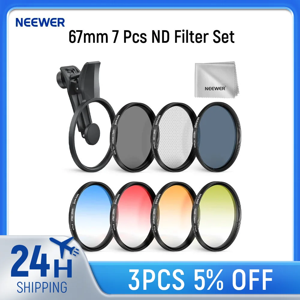 

NEEWER 67mm 7 Pcs ND Filter Set For Android Samsung Google Pixel Huawei Xiaomi Clip On CPL+ ND32 + Starlight + GND Camera Lens