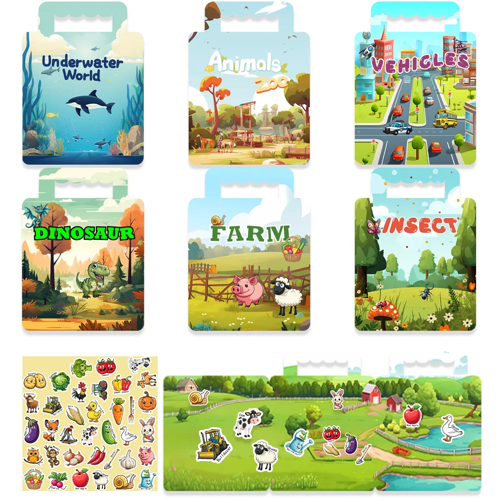 Cartoon Reusable Sticker Book for Multiple Scenos DIY Puzzle Game Educational Animals Sticker for Lapotop Scarpbook Diary