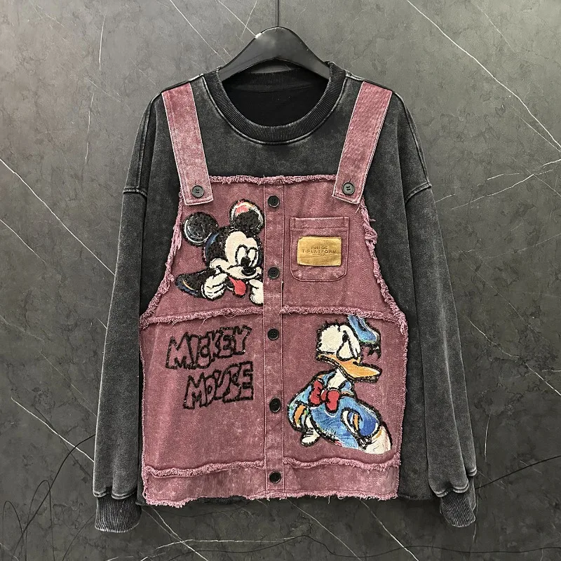 Autumn Heavy Industry New Style Strap Fake Two-Piece Cartoon O-Neck Sweatshirt Women's Loose Casual Versatile Pullover Hoodies