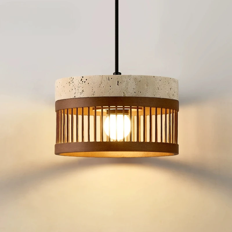 Wabi Sabi Solid Wood Pendant Light Travertine Stone Hanging Lamp Vintage Retro Lighting Fixture for Dining Room Bedroom Bedside