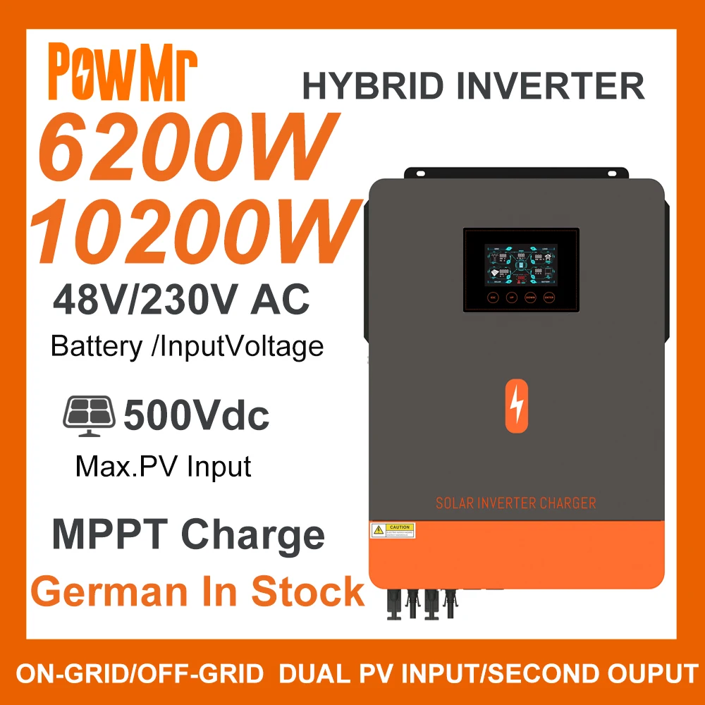 powmr inversor solar hibrido carga mppt off grid on grid dc 24v 48v 230vac max pv 500vdc e wifi 120a 160a 42kw 62kw 102kw 01