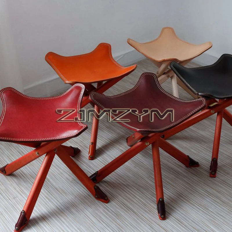 

1Pc Portable Folding Stool Four-legged Stools Cowhide Shoe Changing Stool Small Bench Leather Solid Wood Stool