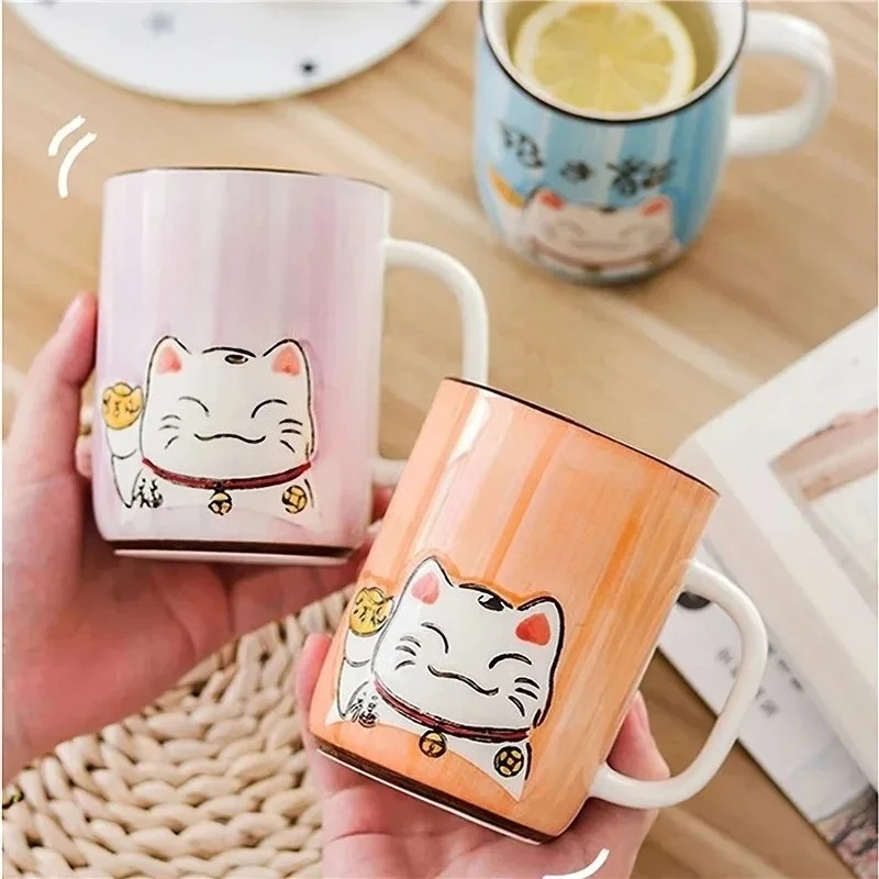 Ceramic Mug Japanese Cartoon Lucky Cat Water Cup High Capacity Home Kitchen Office Water Ware Drinkware 400ML Coffee Tea Cup
