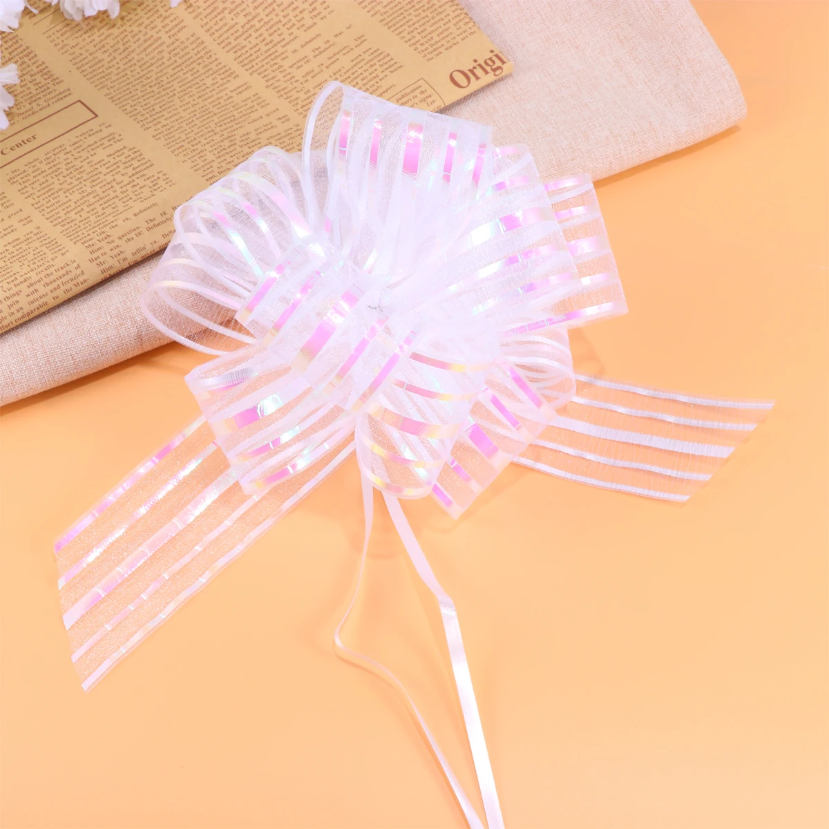 

10 Pcs Stripe Yarn Ball Flower Garlands Pull Bows for Wrapping Wedding Decoration
