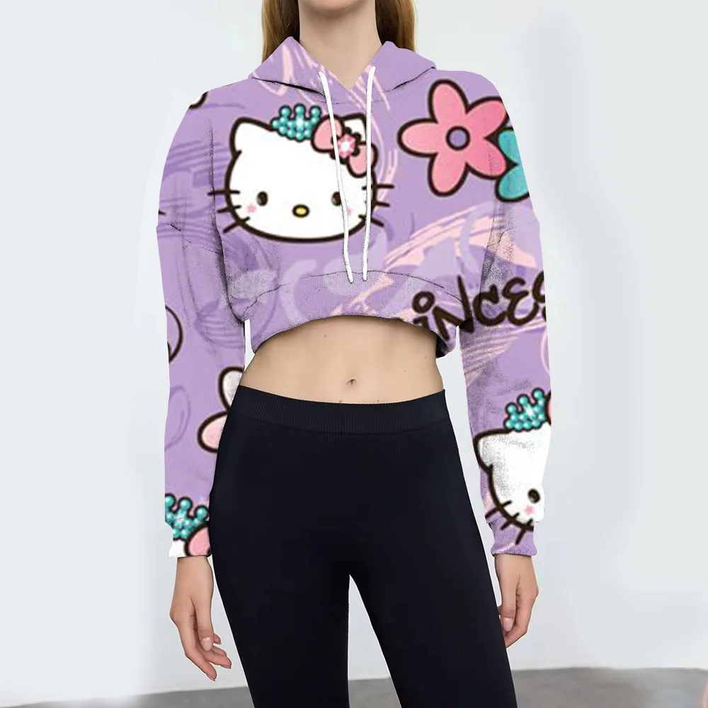 Fashion men's and women's hoodie personality Hello Kitty black print cut ultra short style long sleeve top autumn new female sex