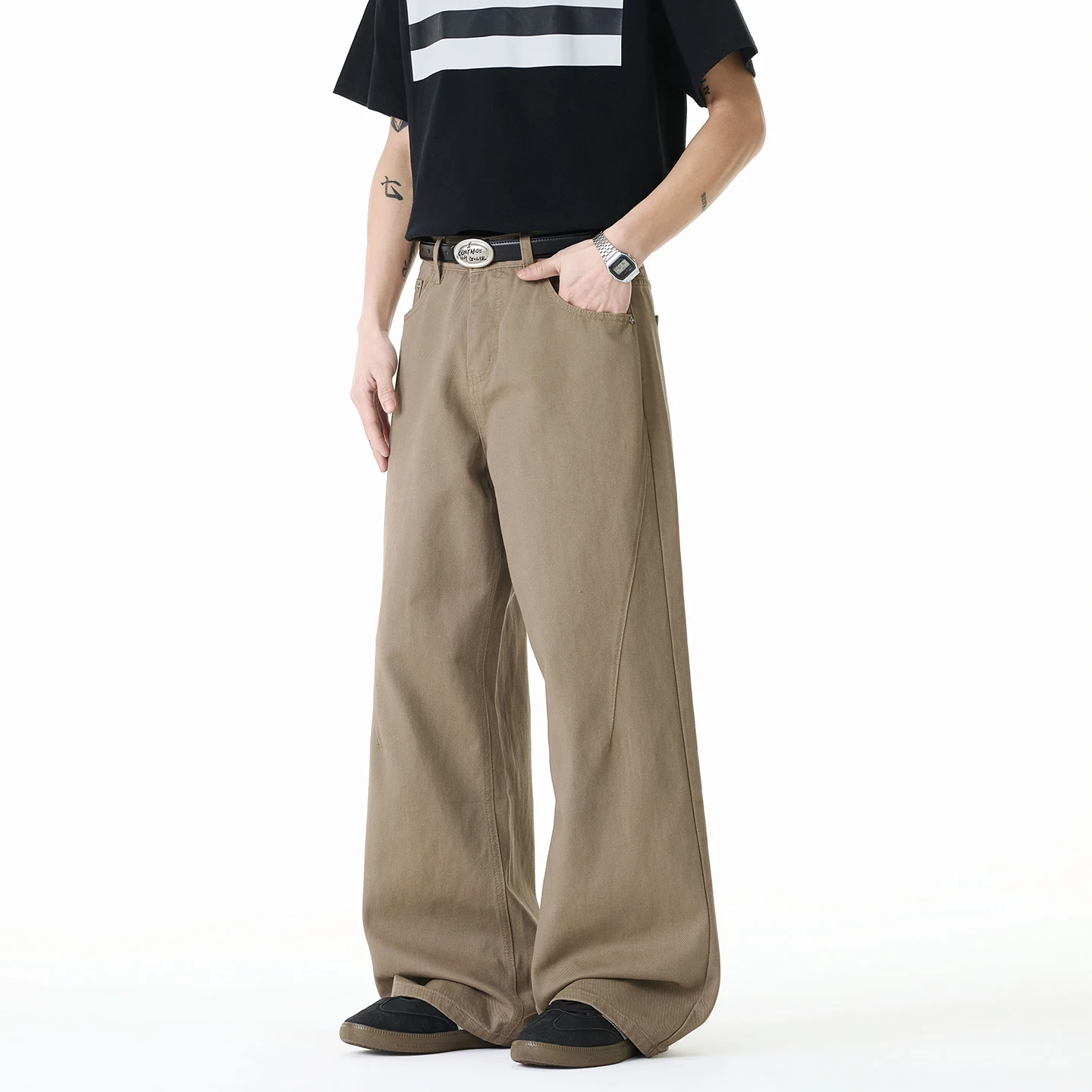 Jean en coton pour homme tendance printemps 2026, coupe large décontractée, longueur au sol, pantalo