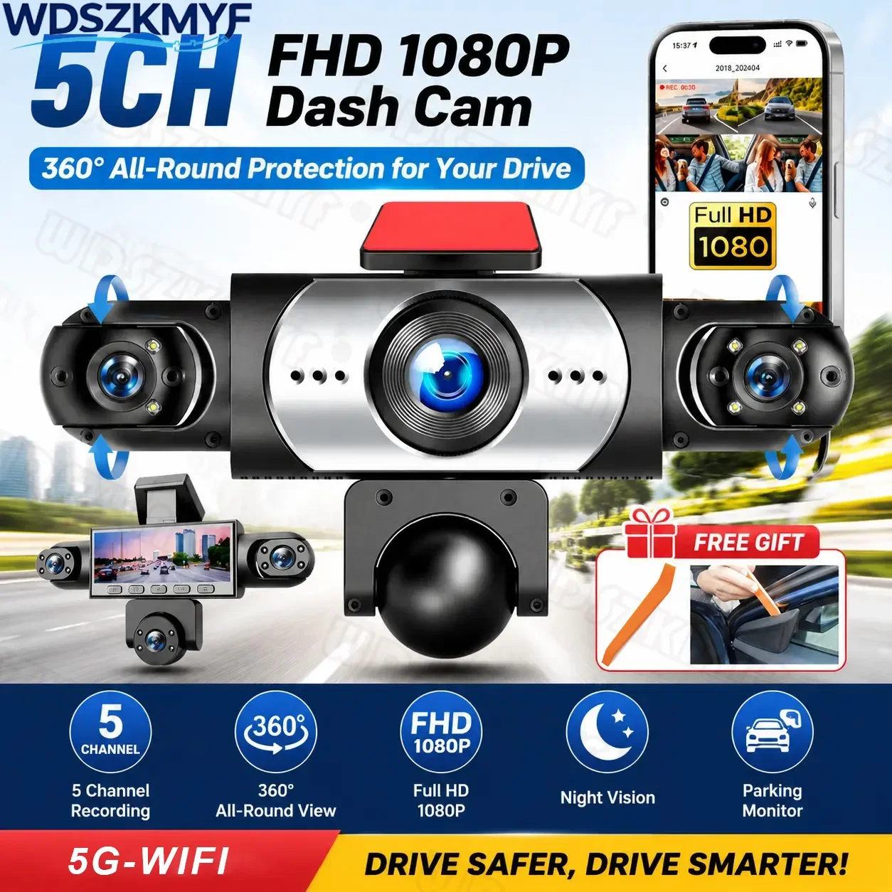 2026NEW 5Channels Car DVR HD 1080P Video Recorder WIFI Dash Cam 5Lens Front right left inside Rear View camera car electronics