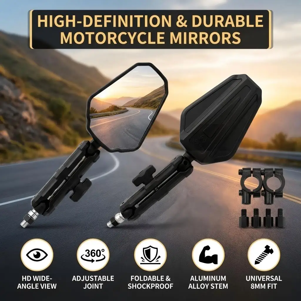Universal Motorcycle Mirrors Angle Adjustable Folding Handlebar Side Mirror for Adventure Dirt Street Bike ATV Snowmobile Moped