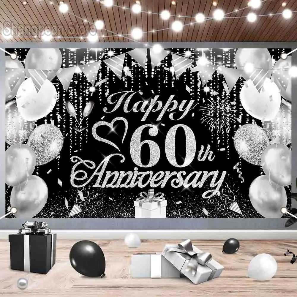 25/60/50th Happy Anniversary Banner Party Backdrop For Photo Black Happy Birthday Adult Theme Party Decoration Supplies DIY Back
