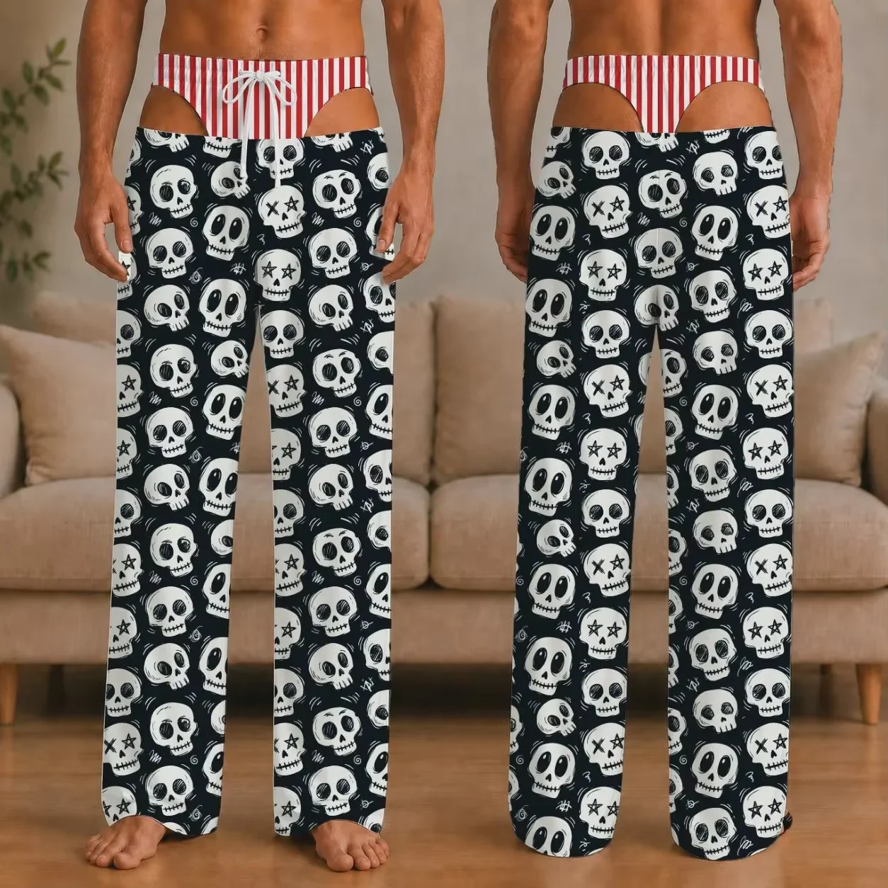 Halloween Skeleton Bat Fake 2-in-1 Pajama Pants, Funny Cartoon Print Long Trousers, Elastic Waist Holiday Party Sleep Bottoms