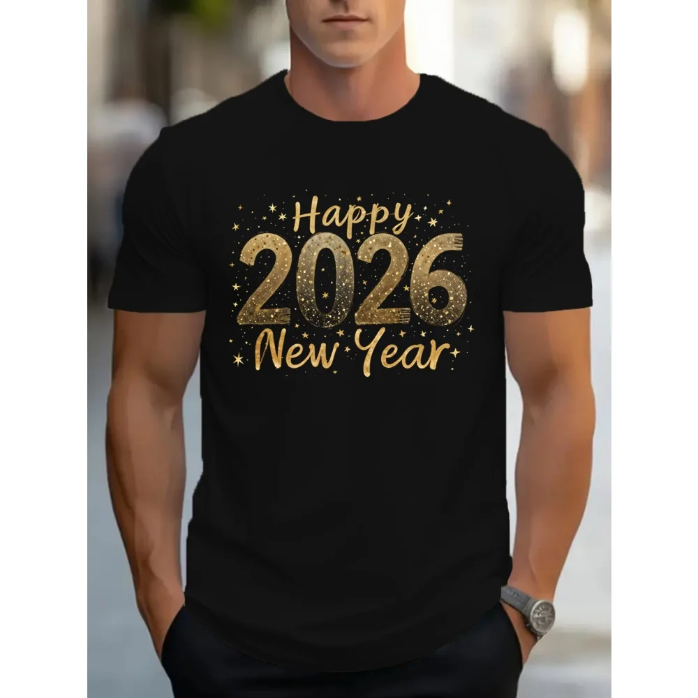 

2026 Сверкающая футболка — черная, золотистая, блестящая, 2026 с узором и принтом, свободная посадка, рождественский, новогодний дизайн, повседневная футболка с круглым вырезом и коротким рукавом