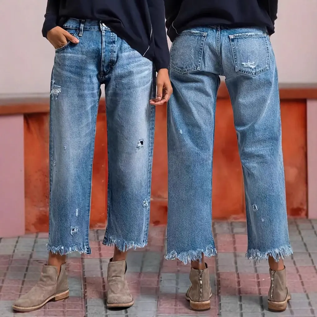 

Новые женские прямые джинсы с дырками, универсальные модные женские джинсы, лидер продаж