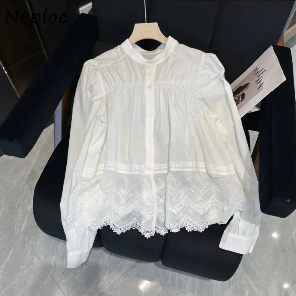 

Neploe Loose Simple Office Lady Patchwork Shirt Korea All-match Beautiful New Lace Stripe Blouses Flower French Exquisite Blusas