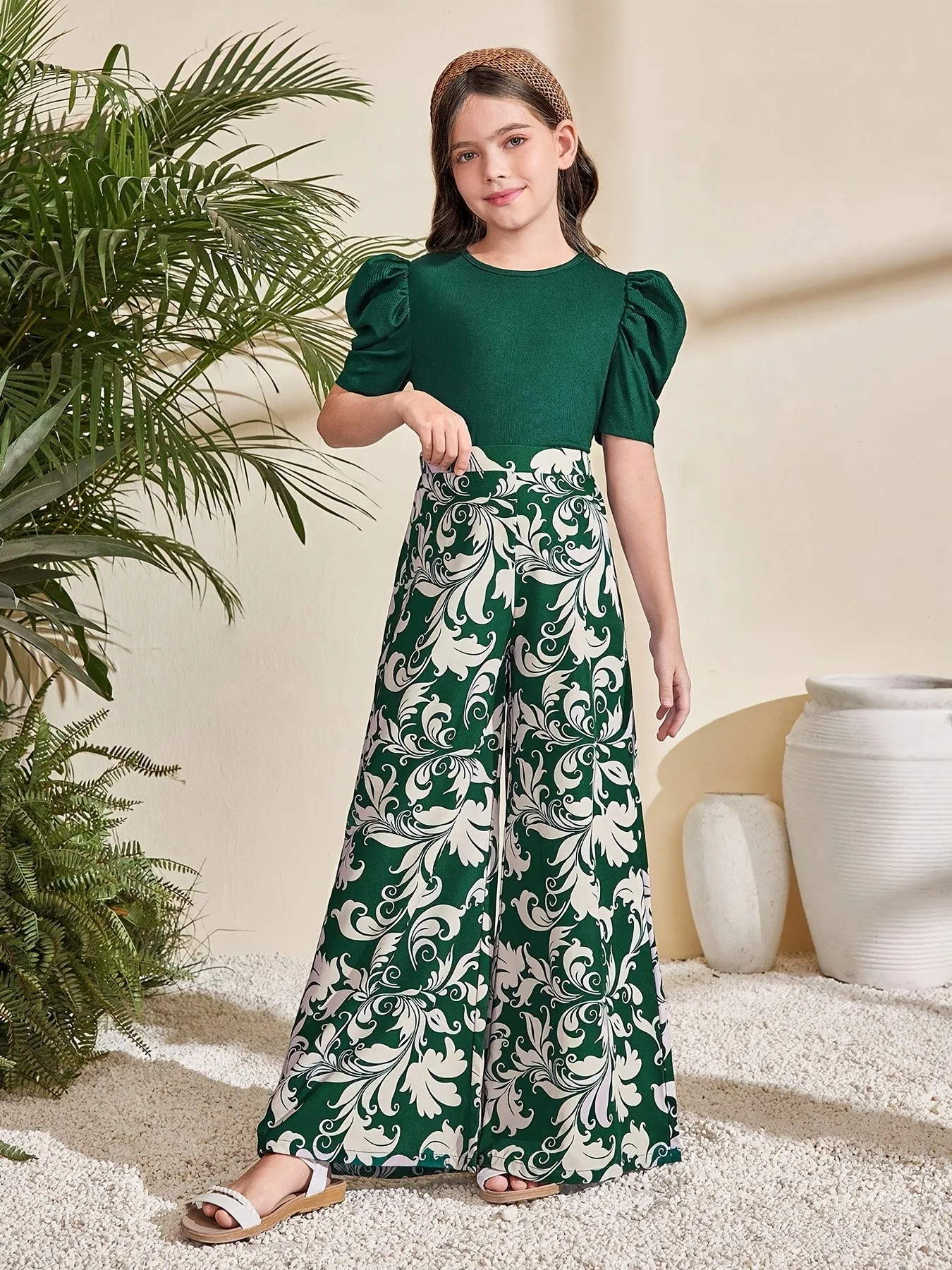 Kids Girls 2-Piece Puff Sleeve Top & Floral Print Wide Leg Pants Set Elegant Casual Outfit