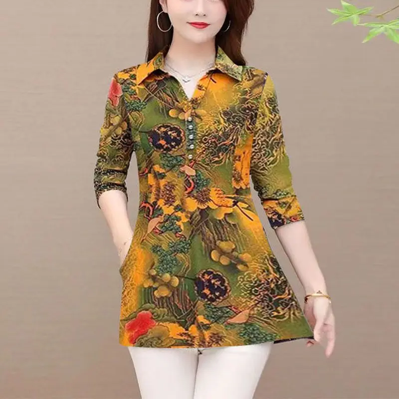 Fashion Turn-down Collar Button Shirt Female Clothing Folk Printed Vintage Floral Daily Casual Spring Autumn Long Sleeve Blouse