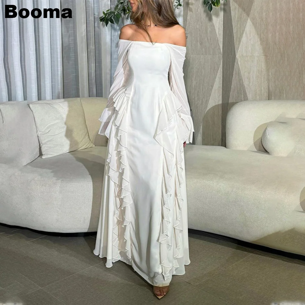 

Booma Ivory Evening Dresses Boat Neck Wedding Party Gowns for Women Ruffles Chiffon Floor Length Formal Prom Dress Dubai