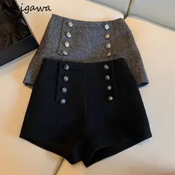 Vintage Woolen Shorts for Women High Waist Double-breasted Pants 2023 New Bottoms Temperament Thicked Pantalones Cortos De Mujer