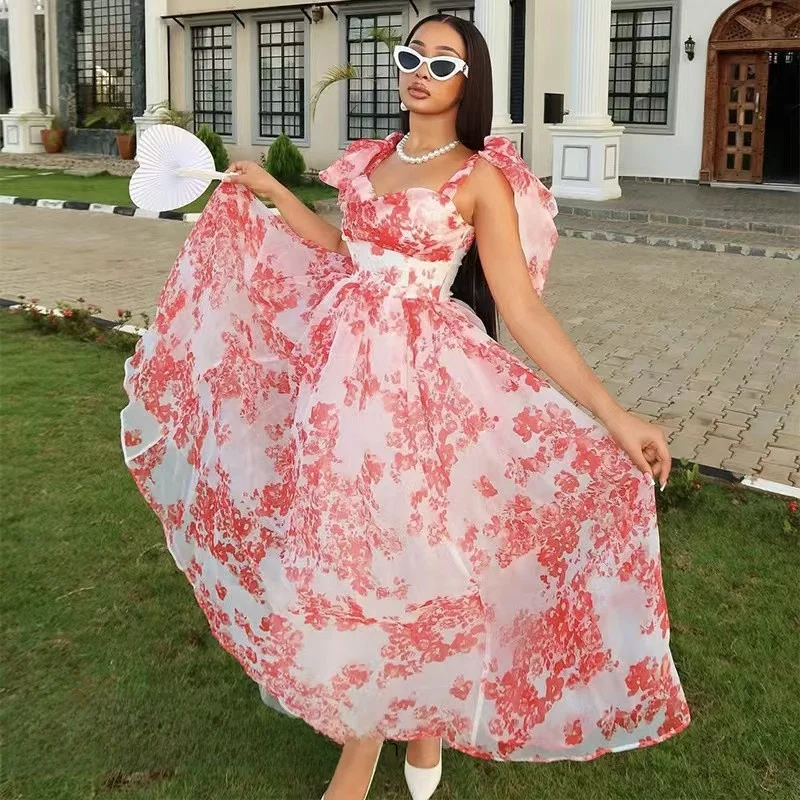 Sexy Bal estampado Susps Dr Strapl vestido largo de una línea para uso diario cintura alta dulce Sle No Sve Floral Dr