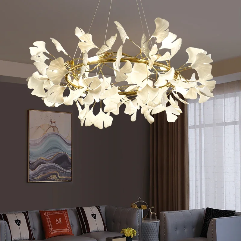 Nordic LED Chandeliers Ginkgo Leaf Branch Gold Pendant Lights Hotel Dining Living Room Bedroom Art Lobby Decoration Chandelier