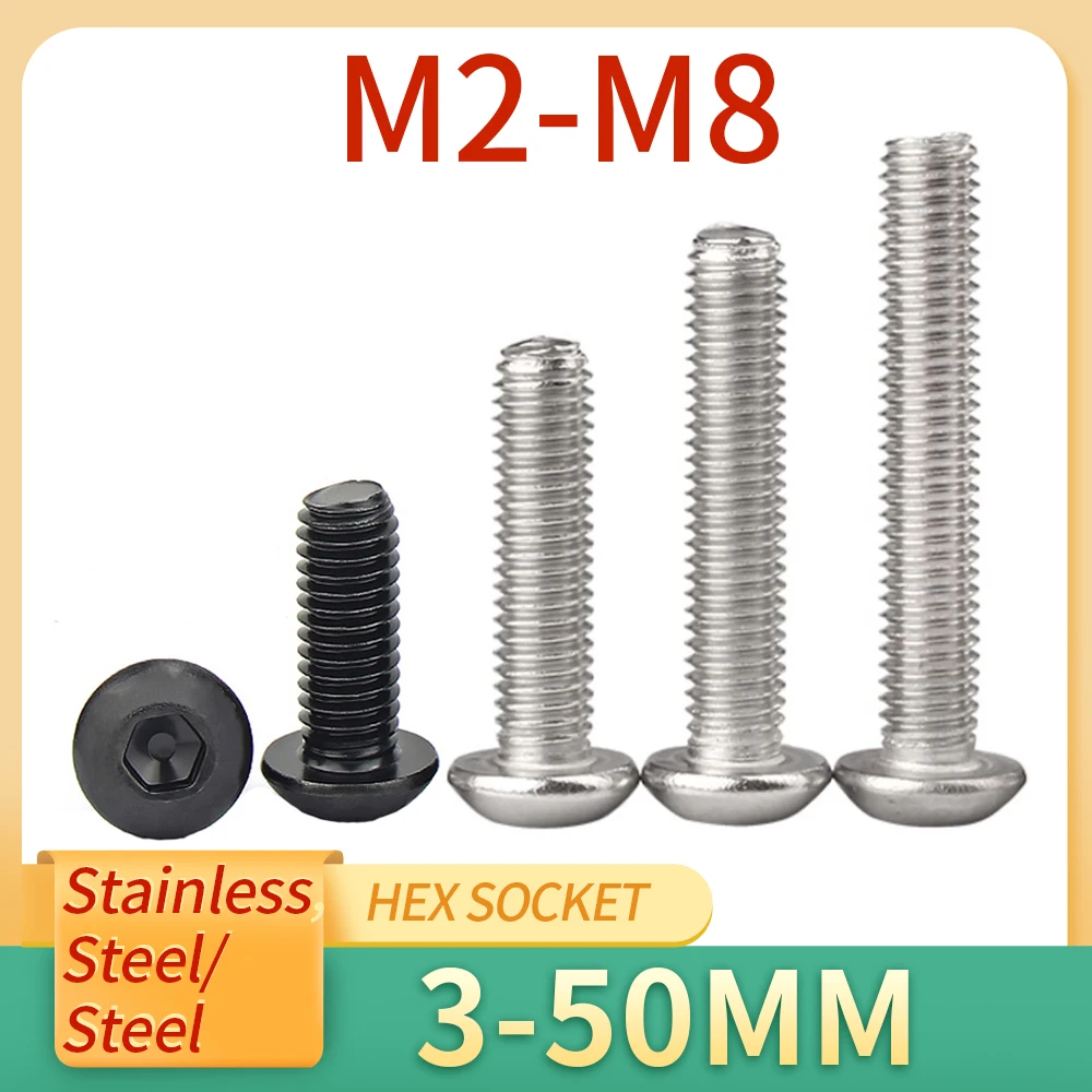 5/10/20/50Pcs M2 M2.5 M3 M4 M5 M6 M8 Round Stainless Steel A2-70 or Black 10.9 grade Hex Socket Button Head Allen Bolt Screw