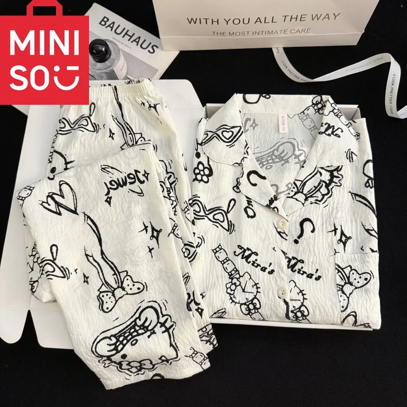 Harajuku نمط HelloKitty القوس طباعة منامة مجموعة للنساء الكرتون Kawaii التلبيب الرقبة ملابس النوم المتسكعون قطعتين مجموعة منامة