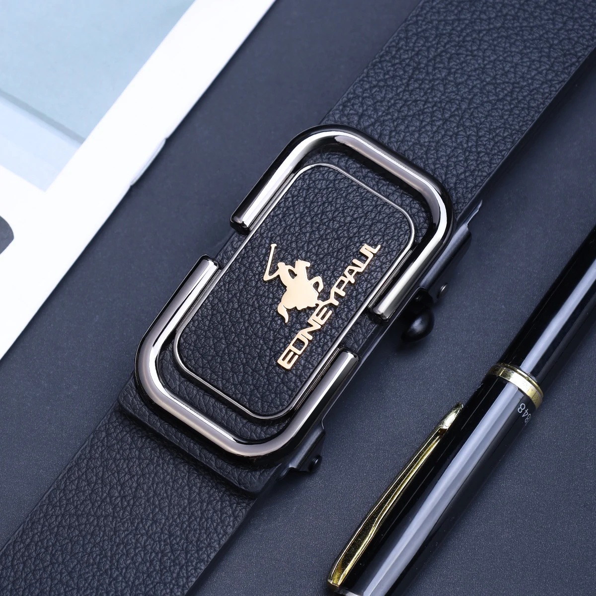 

Men's Leather Belt with Metal Automatic Buckle Durable Daily Use Fashionable Work Business Belt Perfect Gift Option