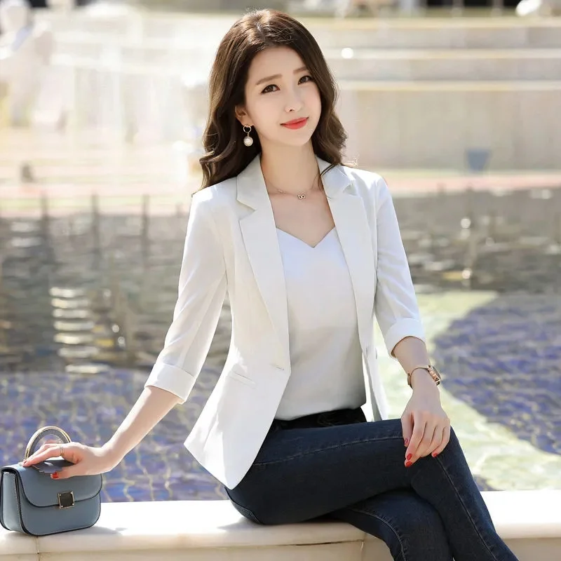 Summer New Women Blazer Three Quarter Sleeves Lapel Notch Collar Lady Formal Thermal Cardigan Plus Size Business Lady Coat Party