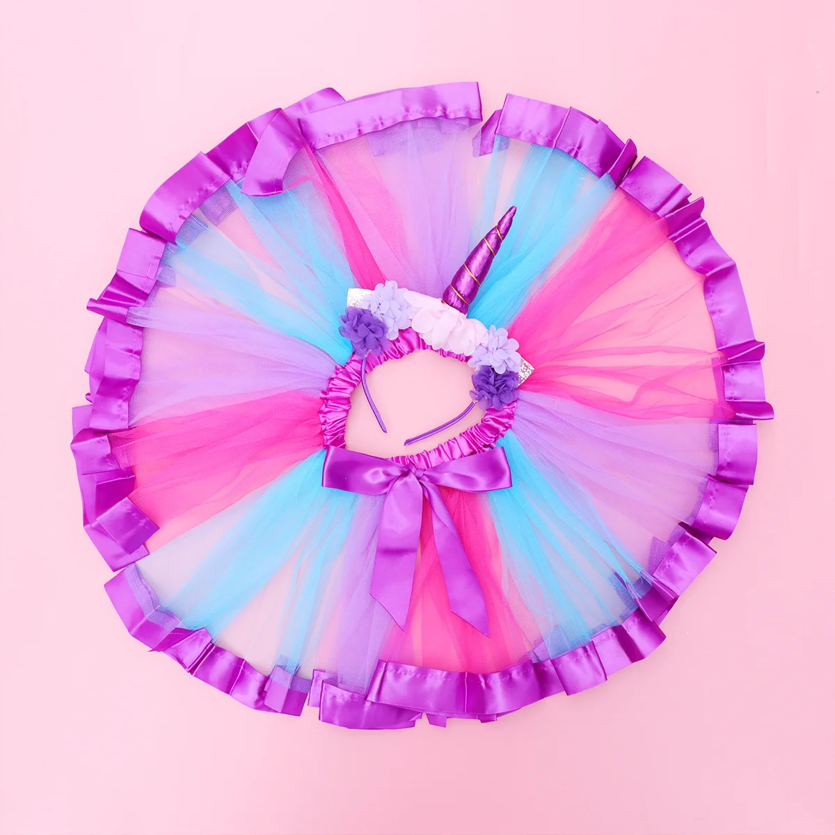 زي يونيكورن للفتيات طقم تنورة قوس قزح أرجواني للأطفال متعدد الطبقات فستان توتو شبكي بخصر مطاطي وحزام قابل للتعديل