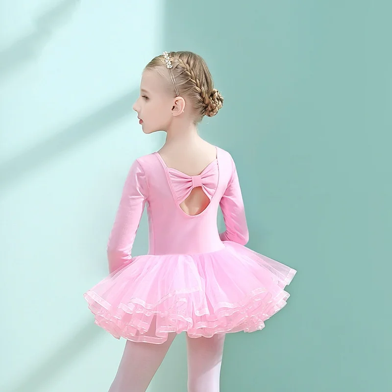 Vestido de balé tutu para meninas, saia para treinamento infantil, collant de ginástica, roupa clássica, laço traseiro