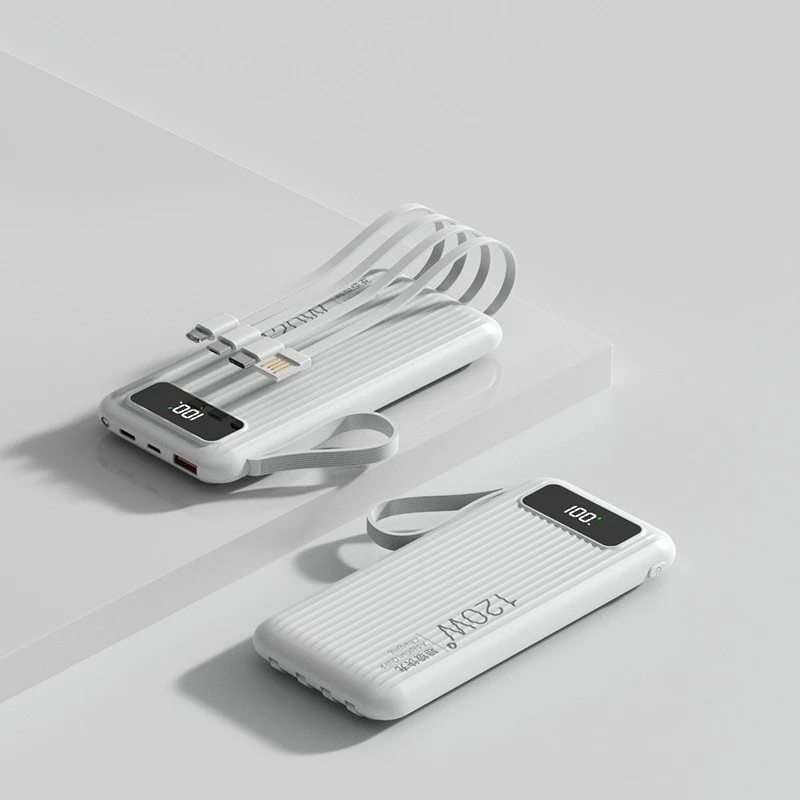 Powerbank 10000mAh 120W z wbudowanymi kablami, super szybkie ładowanie, do iPhone'a, Xiaomi, Huawei, Samsunga, lekki i cienki.