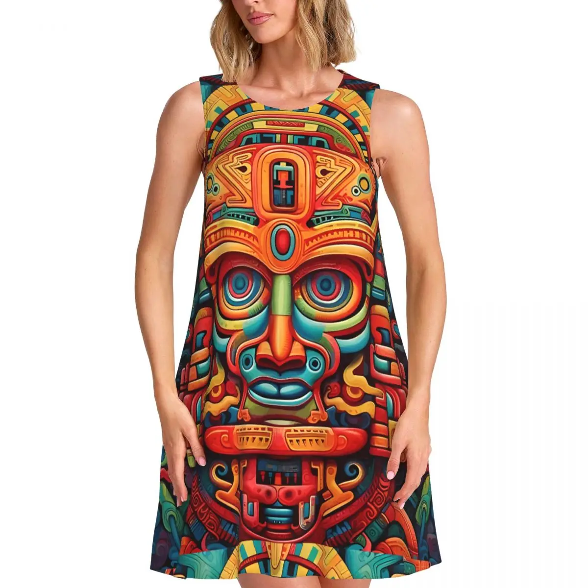 Abstract Aztec Art Tank Dress Street Style Dresses Sleeveless Cute Dress New Arrival O Neck Women Printed Clothing
