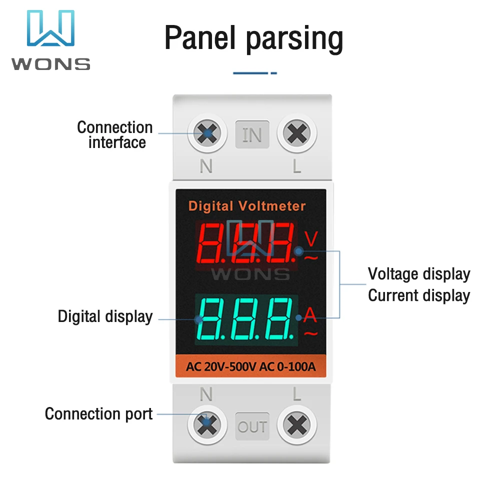 Multi-function Digital Wattmeter Voltmeter Ammeter Power Meter AC60-500V 0.00-99.9A Guide Rail Type AC Voltage Current Meter