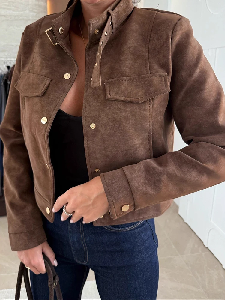 

Office Ladies Stand Collar Desert Coats Winter Deer Fur Long Sleeved Jacket Retro Solid Color Single Breasted Slim Fit Outwear