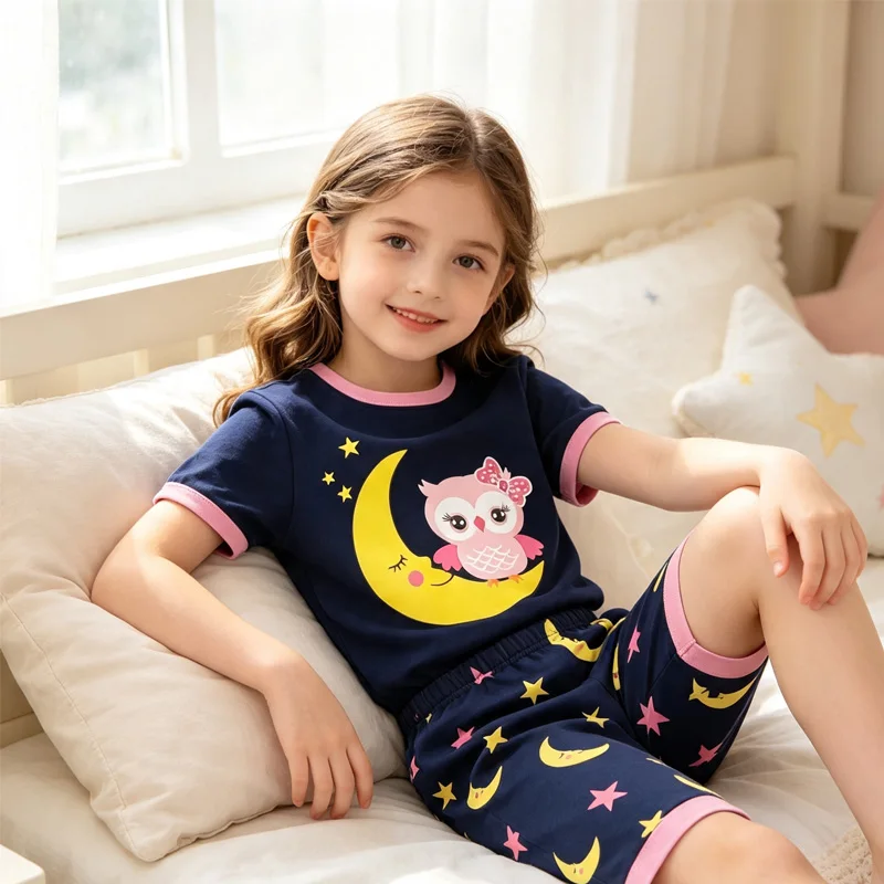 Little Hand Kids Printed Pyjamas Soft Short Sleeve Night Clothes Owl Pattern Summer Loungewear Set For 2-7Y Girls