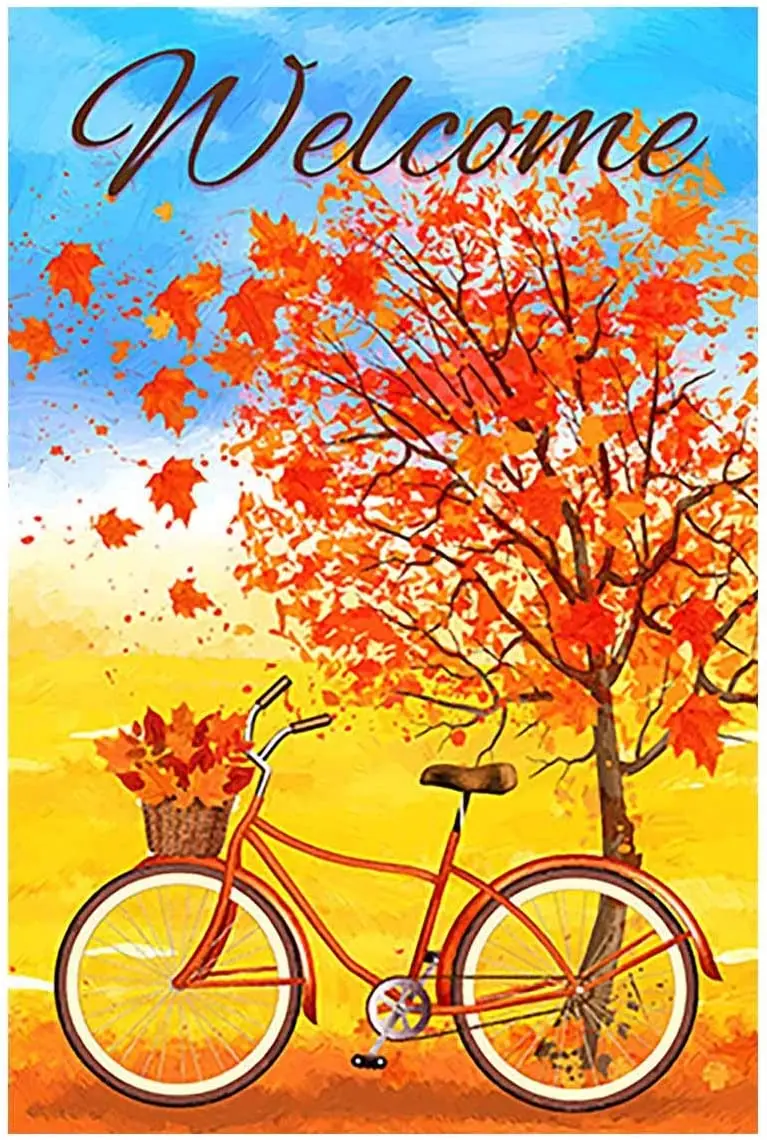 Welcome Autumn Bicycle Decorative Red Fall Leaves Garden Flag Double Sided Outdoor Yard Flag Banner for Outside House Yard Home